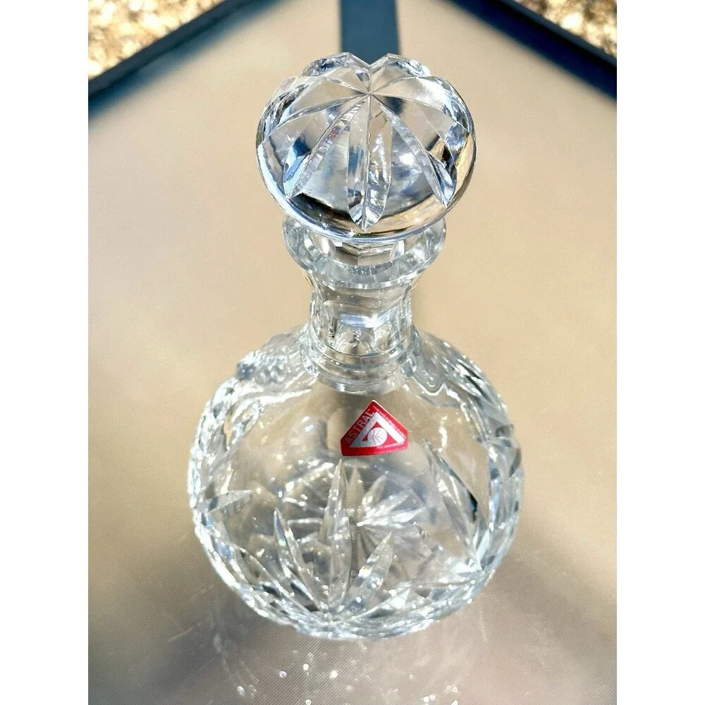 Astral Crystal Decanter Cut Glass Starburst Pattern w Stopper Vintage Barware